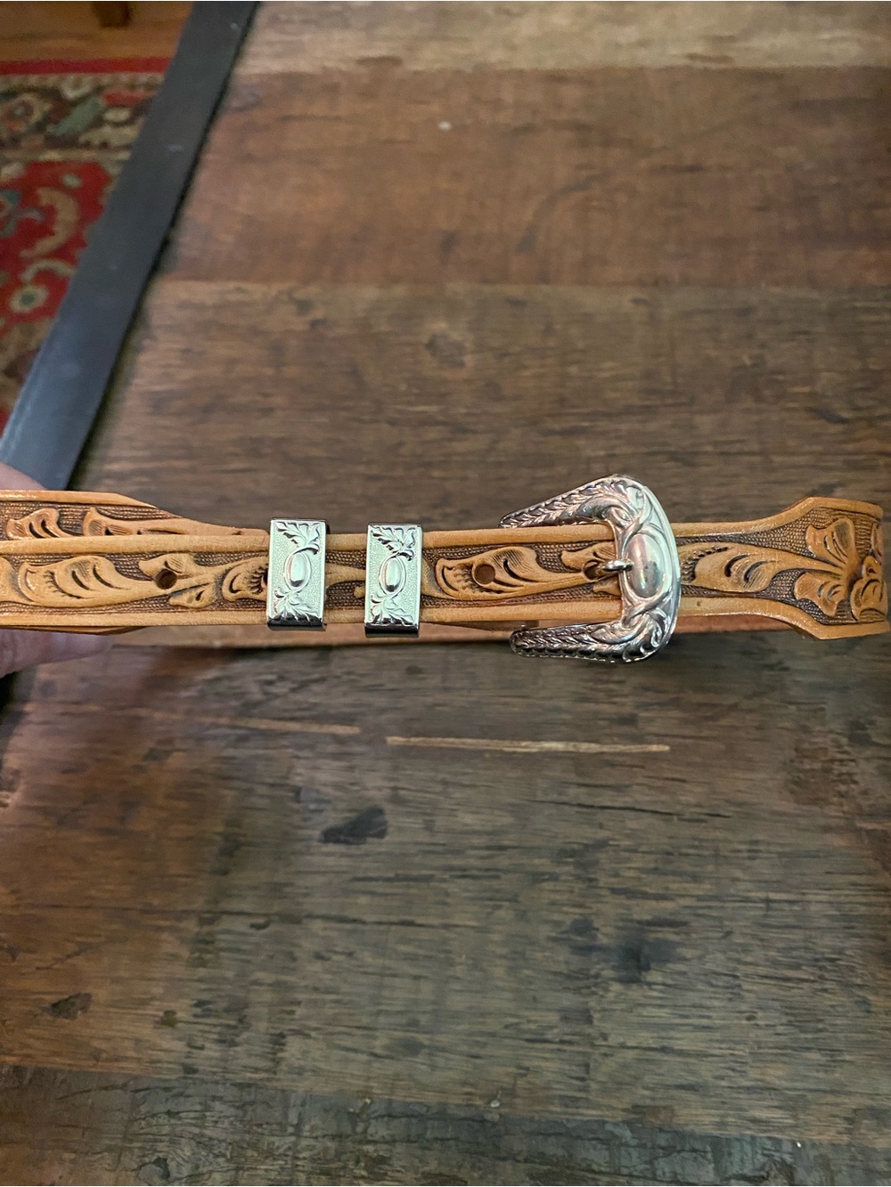 Vintage Hand-Tooled Leather Western Belt with Silver Buckle - 30 inch